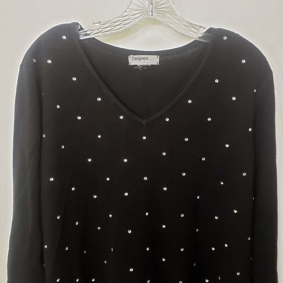 Designer Originals Women's Black Knit Scoop Neck Faux Diamond Top Sweater - Picture 2 of 11